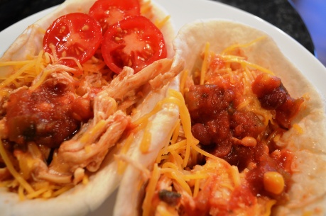 3-ingredient fiesta chicken in the CrockPot - add to taco shells then put your toppings on