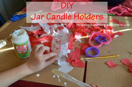 DIY Jar Candle Holders - tissue paper and ModPodge - easy kids craft - use different colors and patterns of tissue paper for your theme.