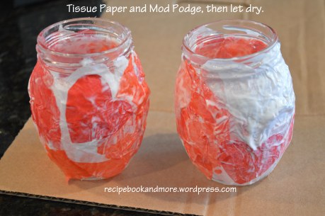 DIY Jar Candle Holders - tissue paper and ModPodge -  use different colors and patterns of tissue paper for your theme.
